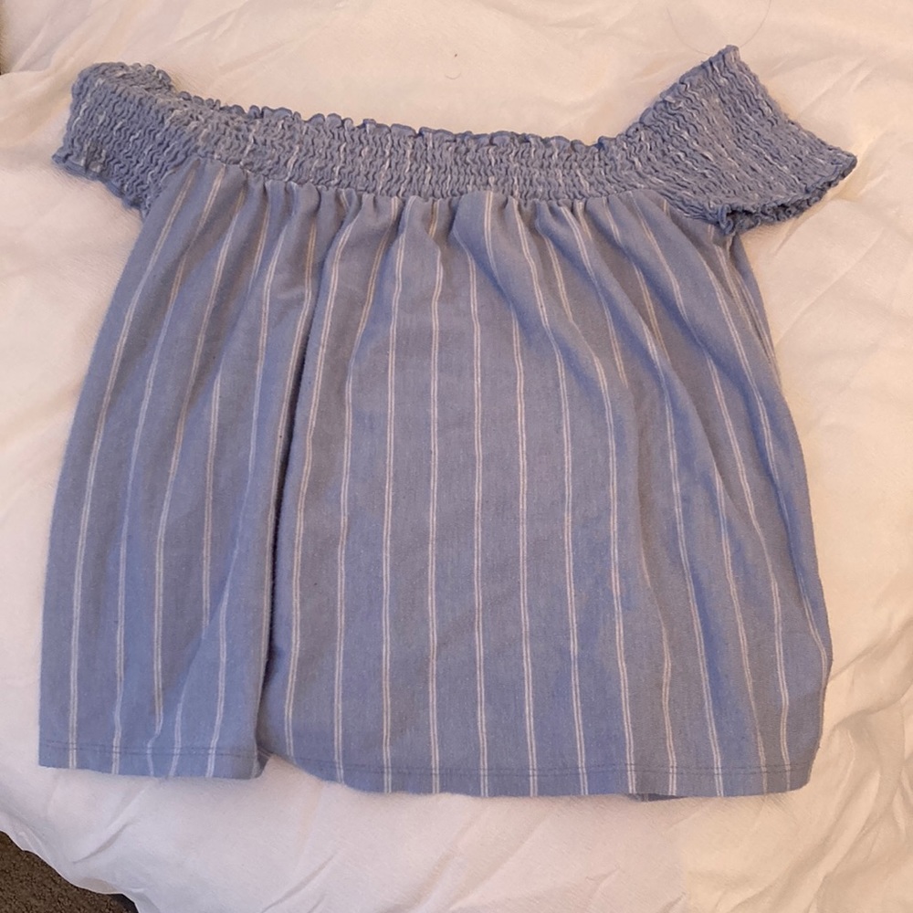 Blue and white striped off the shoulder top from American Eagle